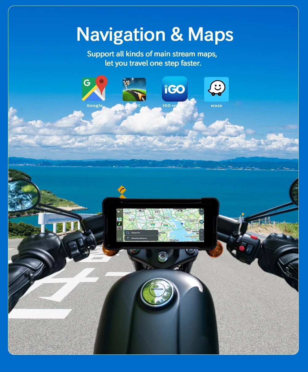 (6.86") Ecrã para Mota com CarPlay Android Auto e GPS IP67 - Preto