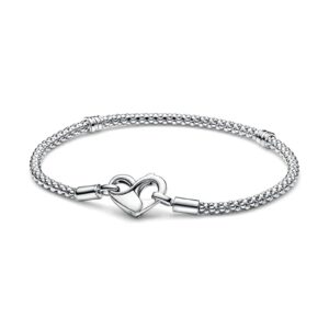 Pulseira de Prata Estilo Pandora Moments Malha de Serpente com Fecho de Cadeado e Coração - Prateado