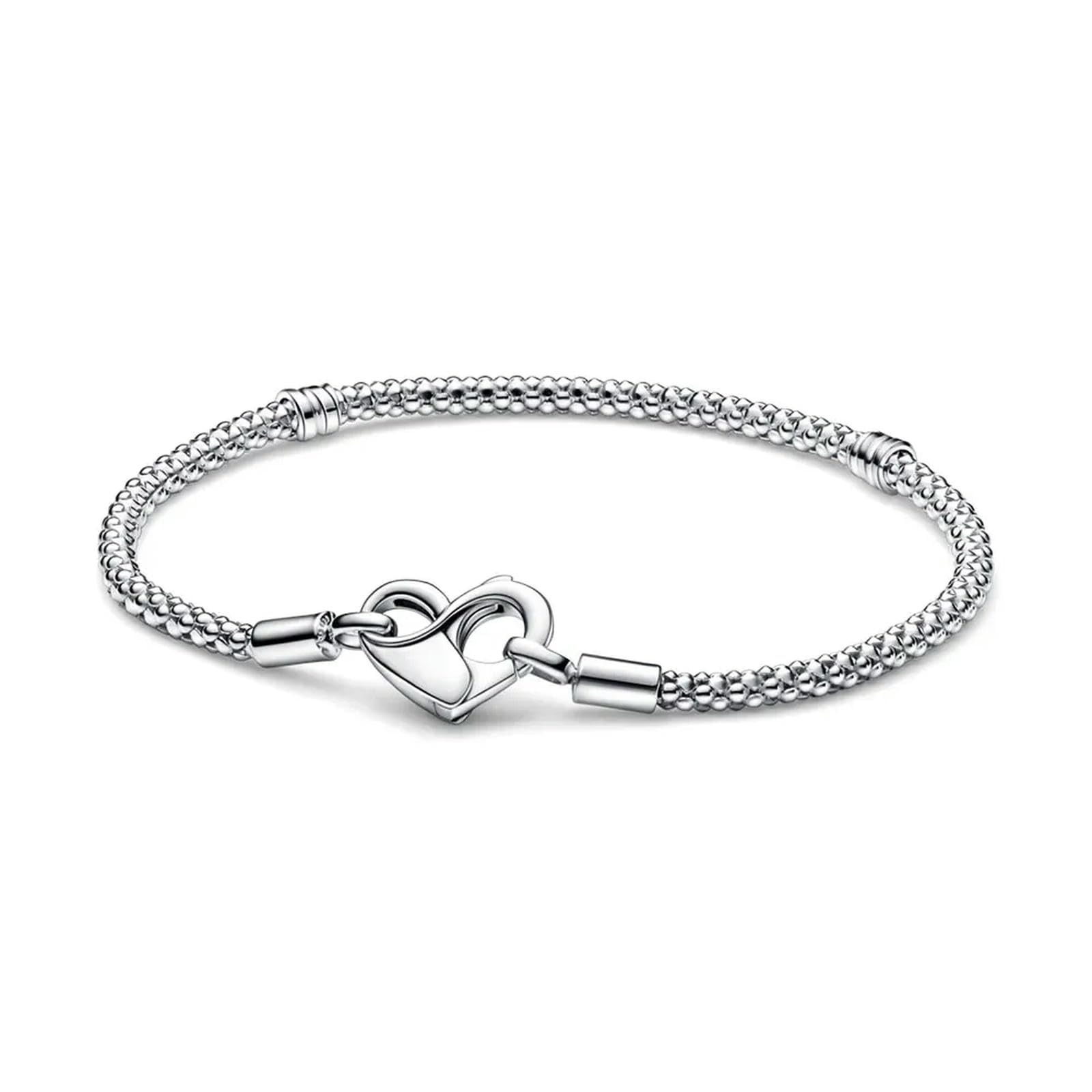 Pulseira de Prata Estilo Pandora Moments Malha de Serpente com Fecho de Cadeado e Coração - Prateado