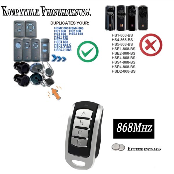 2 Comandos de Garagem 4 Canais 868,3 MHz para Hörmann Botão Azul Juxine HSM4 HS4