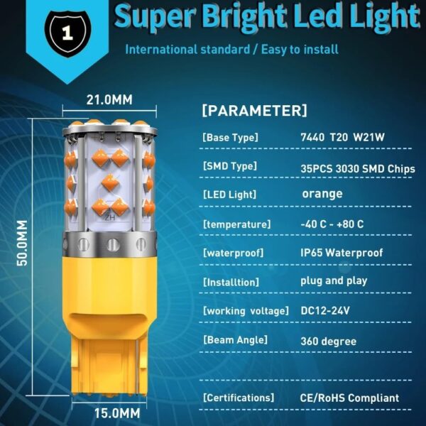 Lâmpadas Pisca LED 7440 W21W T20 Canbus 1800LM 3030 SMD Sem Erro (Laranja)