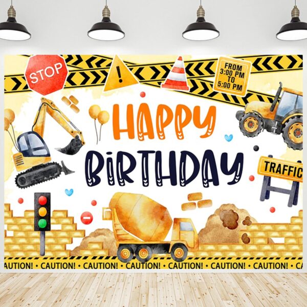(200x150cm) Painel de Fundo Festa de Aniversário Escavadora e Trator HD - Amarelo