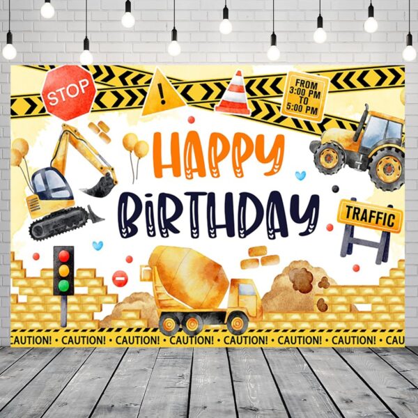 (200x150cm) Painel de Fundo Festa de Aniversário Escavadora e Trator HD - Amarelo