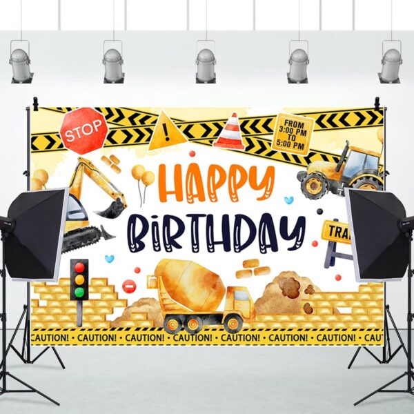 (200x150cm) Painel de Fundo Festa de Aniversário Escavadora e Trator HD - Amarelo