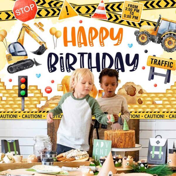 (200x150cm) Painel de Fundo Festa de Aniversário Escavadora e Trator HD - Amarelo