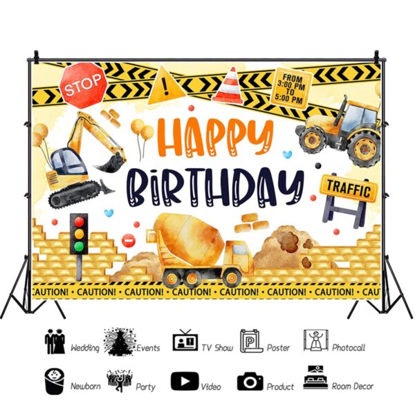 (200x150cm) Painel de Fundo Festa de Aniversário Escavadora e Trator HD - Amarelo
