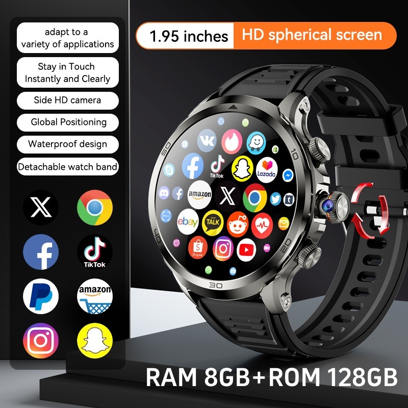 (1.95") Smartwatch H19 8GB+128GB Android 4G Câmara Rotativa GPS 1900mAh - Preto