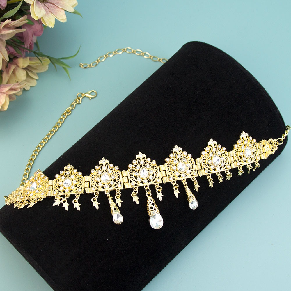 Corrente de Cabelo Marroquina com Cristais e Pendente em Gota - Dourado