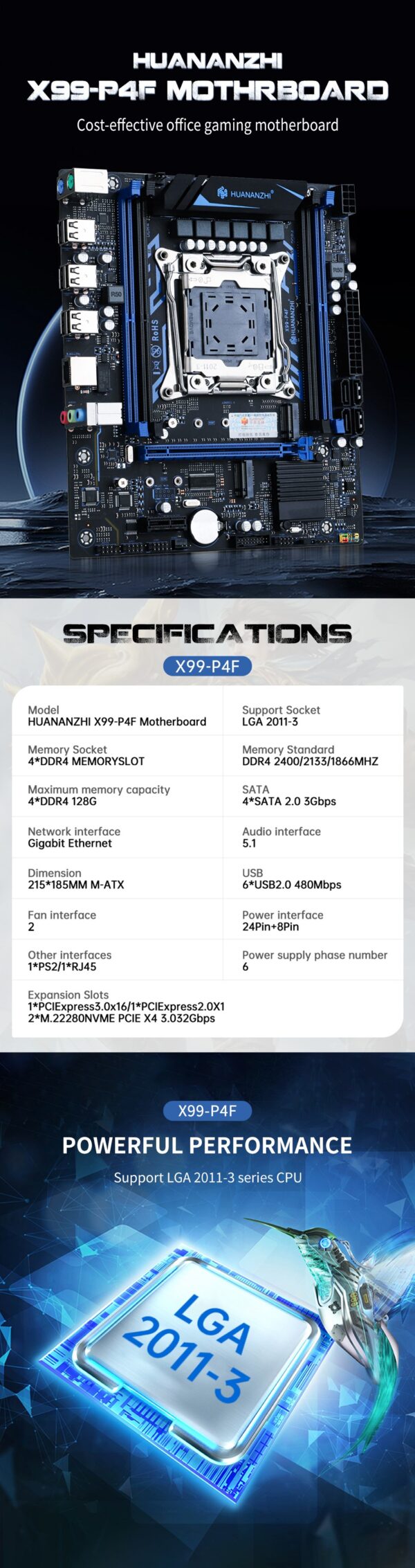 Motherboard HUANANZHI X99-P4F Intel Xeon E5 2650 V4 DDR4 LGA 2011-3 - Preto