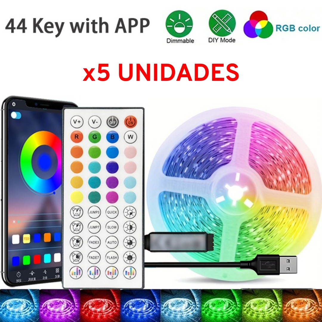 (Pack 5 Uni.) Fita LED 2m USB Bluetooth com App e Comando para Retroiluminação de TV - RGB