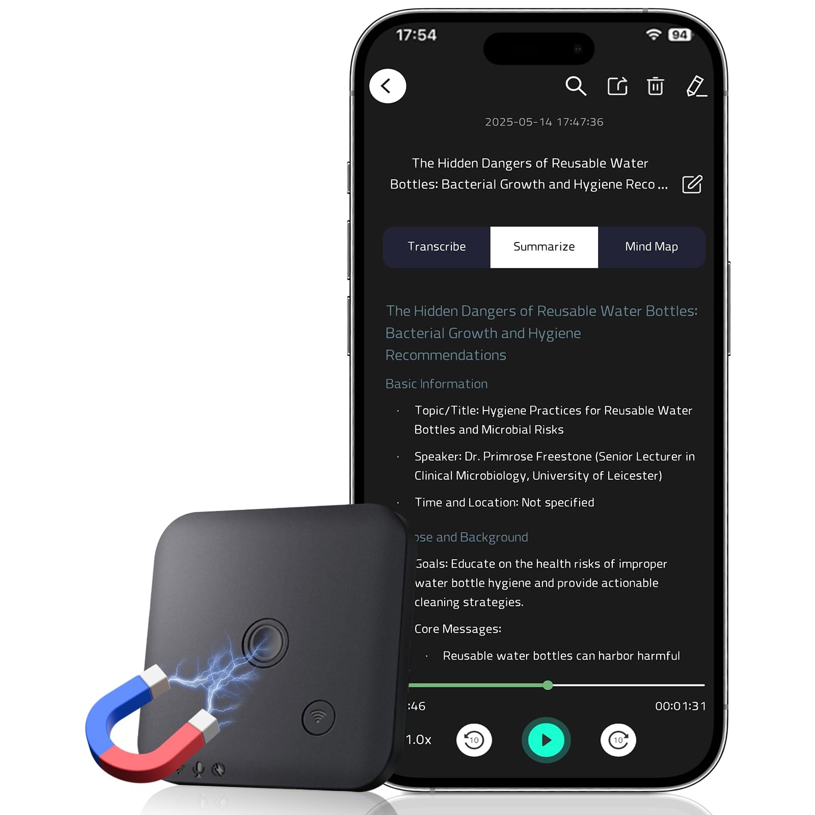 Gravador de voz AI 64GB Transcrição GPT-4o Resumos Automáticos 102 Idiomas - Preto