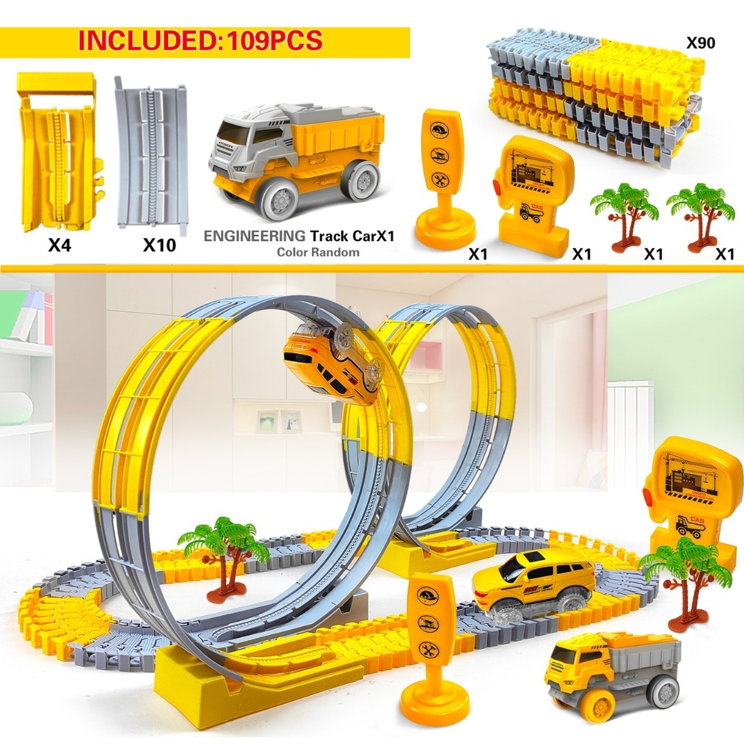 Pista de Carros de Brincar Flexível com Luzes LED e Carro Eletrónico de Brinquedo