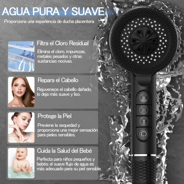 Ducha de Alta Pressão com Filtro e Suporte 4 Modos Botão ON/OFF Ideal para Águas Duras Negro