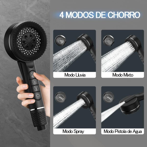 Ducha de Alta Pressão com Filtro e Suporte 4 Modos Botão ON/OFF Ideal para Águas Duras Negro