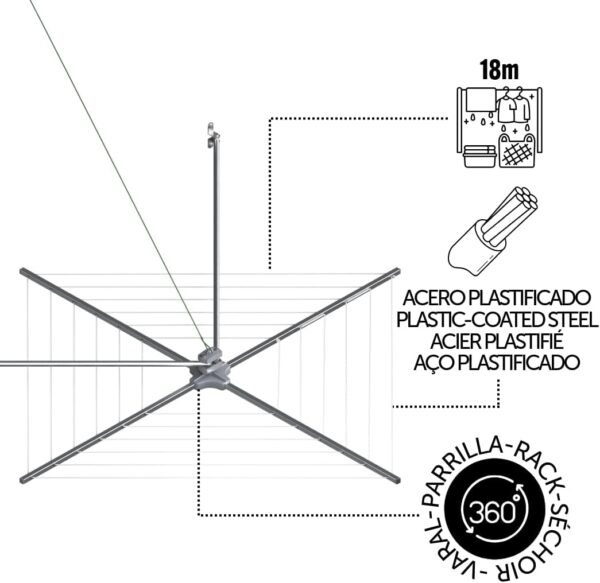 (110x110cm) Estendal Rotativo Cuncial B2 em Aço Inox e Alumínio 18m - Prateado