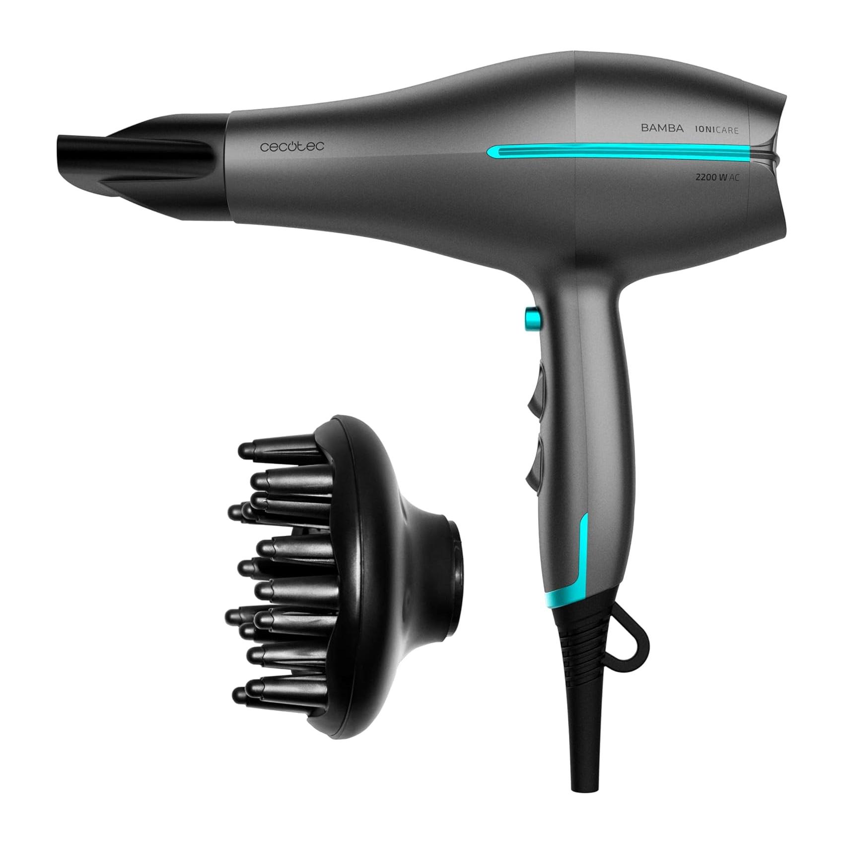 Secador de Cabelo Iónico Cecotec Bamba IoniCare 5300 Maxi Aura 2200 W com Difusor e Concentrador Preto