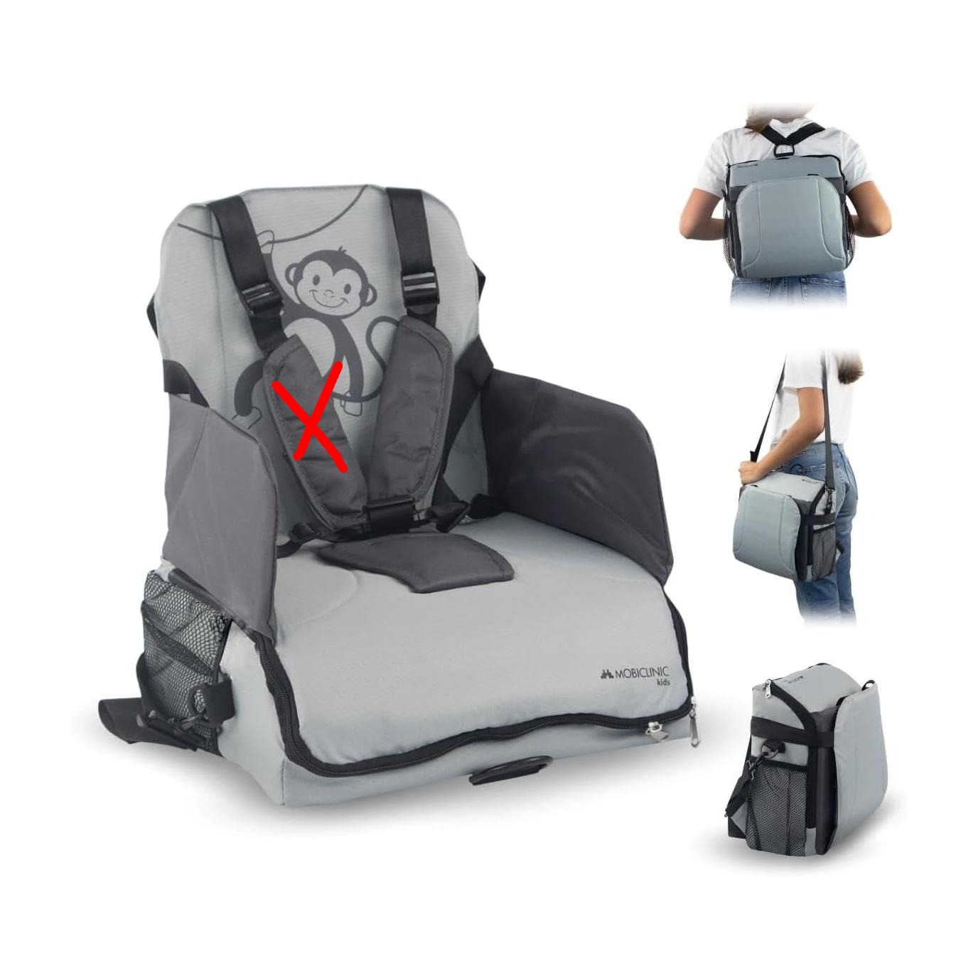 Cadeira de Refeição Portátil Mobiclinic Monkey Dobrável com Arnês 5 Pontos - Cinzento