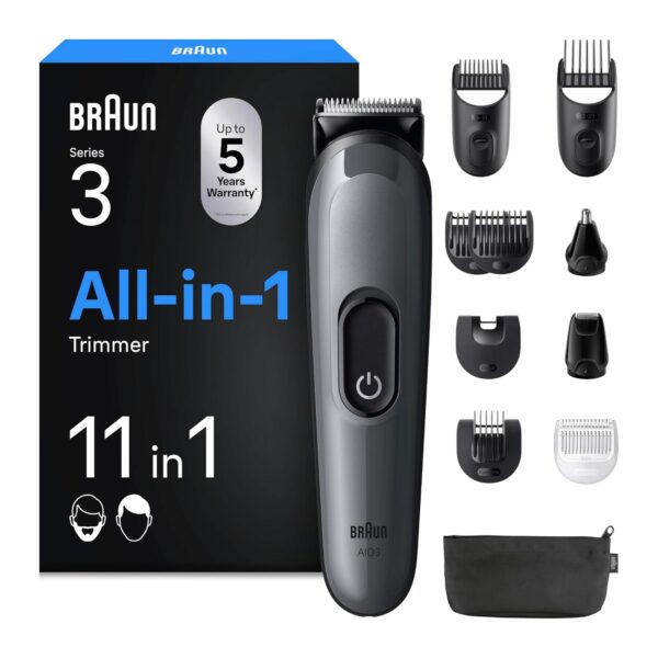 Recortadora Braun Series 3 AIO3565 Todo-em-Um Kit Styling 11-em-1 para Barba e Cabelo Cinzento