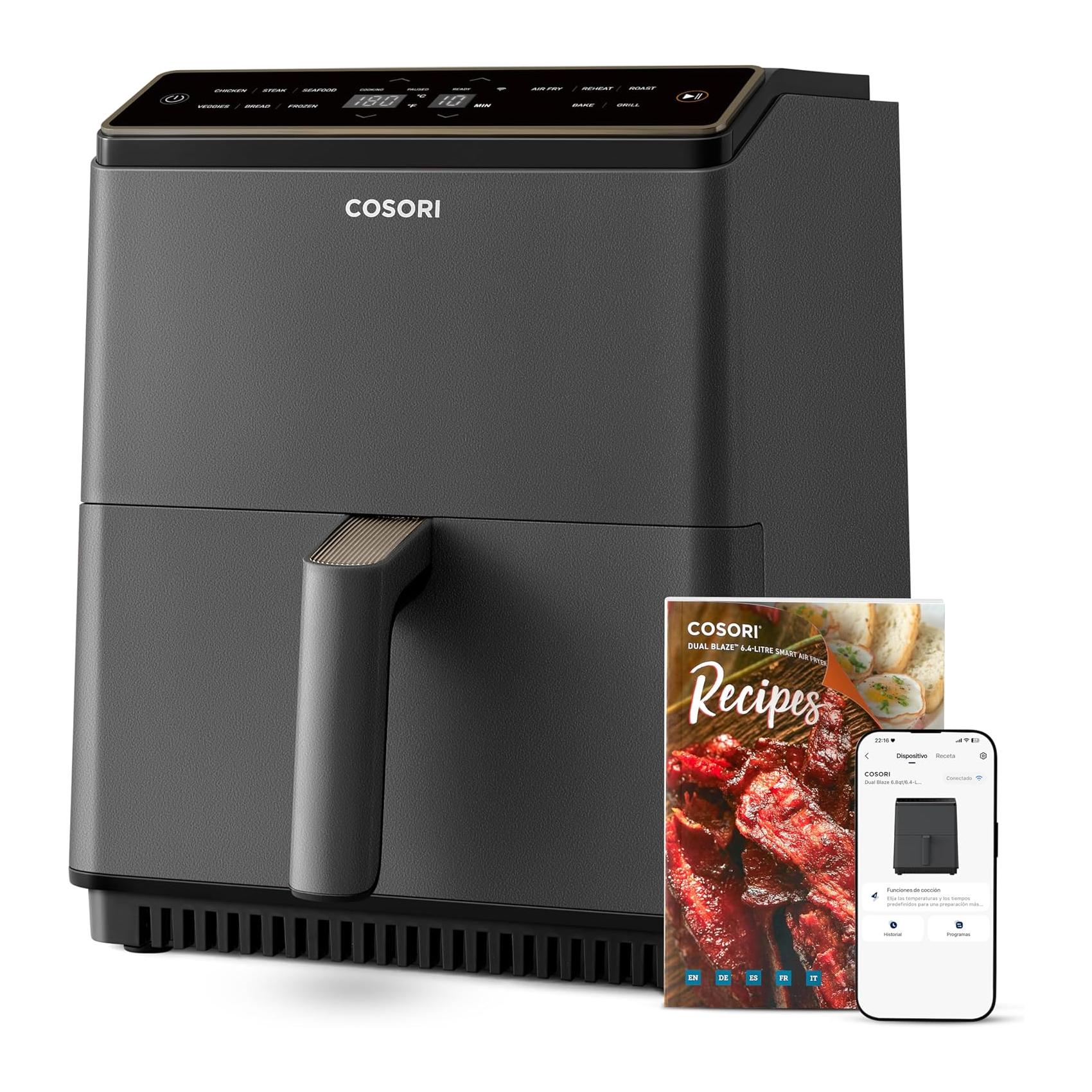 Fritadeira de Ar 6,4L Cosori Dual Blaze WiFi 11 Em 1, Ajuste de Temperatura e Tempo Cinzento
