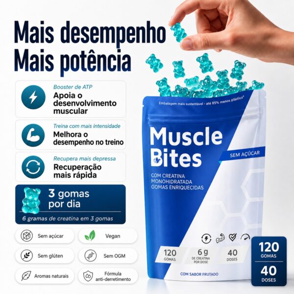 120 Gomas de Creatina para Aumento de Performance e Massa Muscular MuscleBites