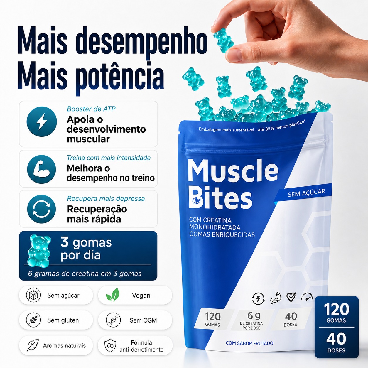 120 Gomas de Creatina para Aumento de Performance e Massa Muscular MuscleBites
