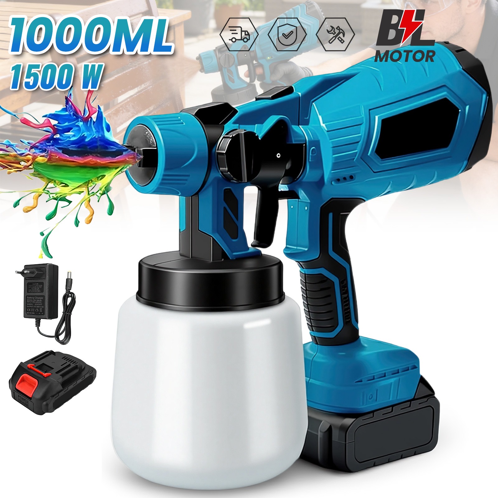 Pistola de Pulverização Elétrica 1000ml Sem Fio 1500W 3 Modos de Pintura 18V