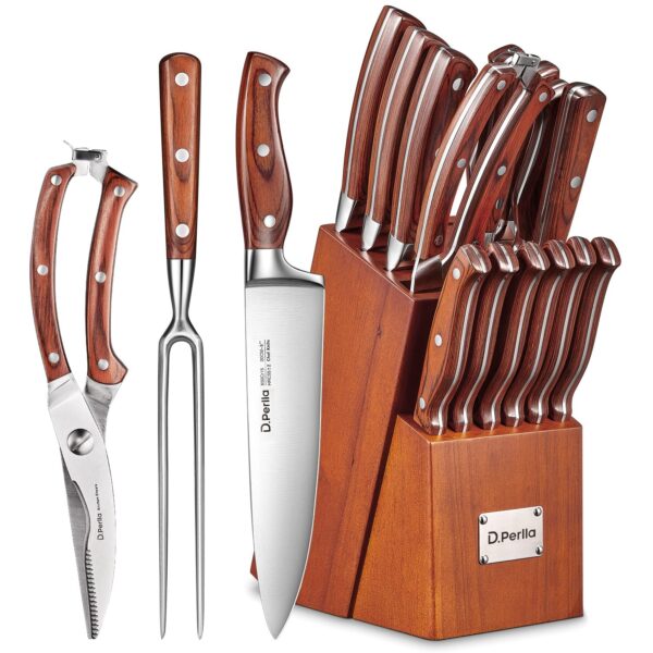 Conjunto de Facas de Cozinha D.Perlla 16 Peças em Aço Inox com Bloco - Castanho