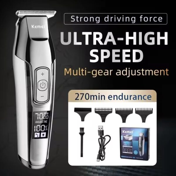 Máquina de Cortar Cabelo Kemei KM-5027 Ecrã LCD - Prateado
