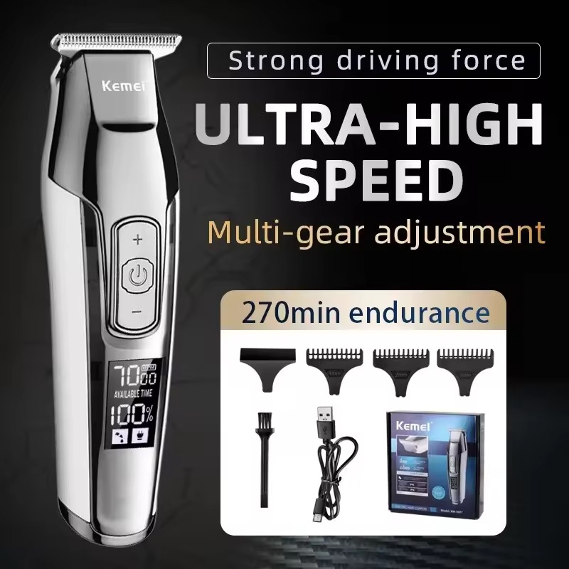 Máquina de Cortar Cabelo Kemei KM-5027 Ecrã LCD - Prateado