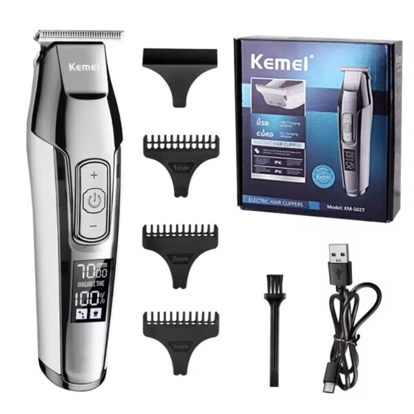 Máquina de Cortar Cabelo Kemei KM-5027 Ecrã LCD - Prateado