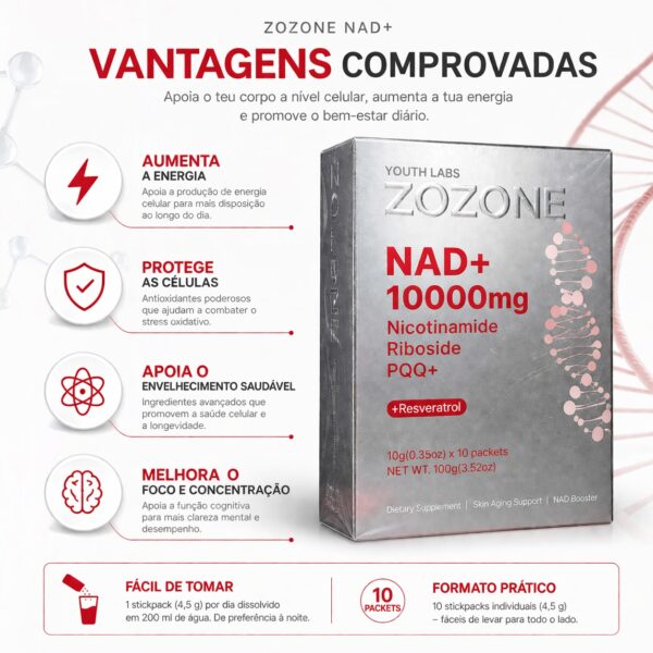 Suplemento Alimentar NAD+ 10000mg Zozone com Resveratrol - 40 Stickpacks