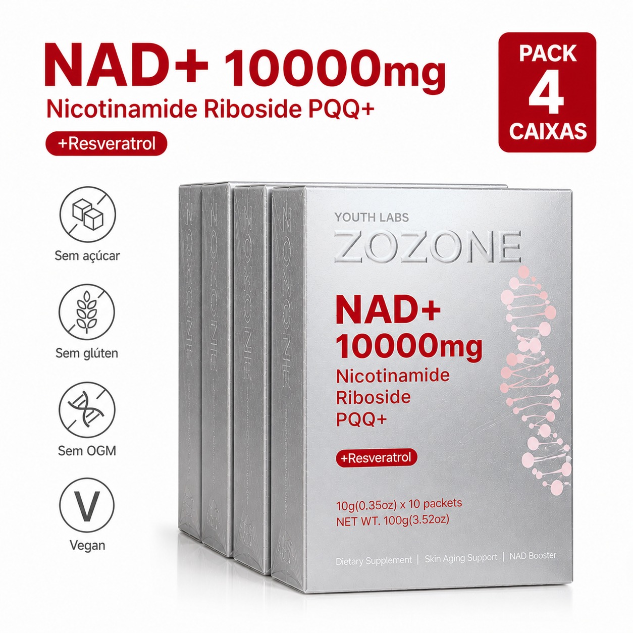 Suplemento Alimentar NAD+ 10000mg Zozone com Resveratrol - 40 Stickpacks