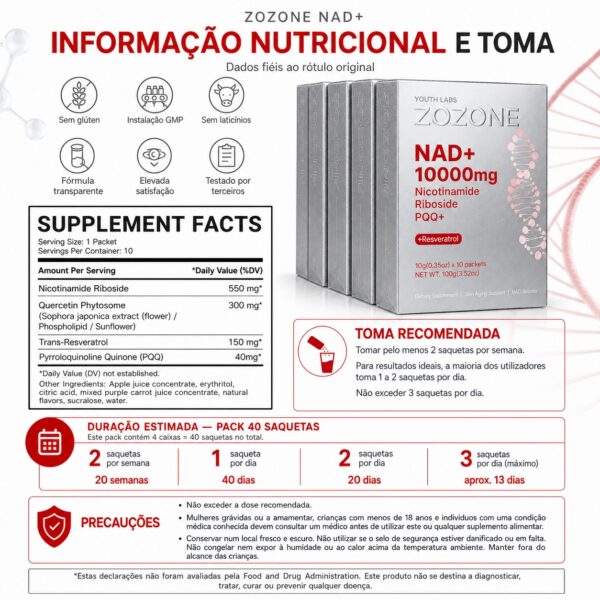 Suplemento Alimentar NAD+ 10000mg Zozone com Resveratrol - 40 Stickpacks