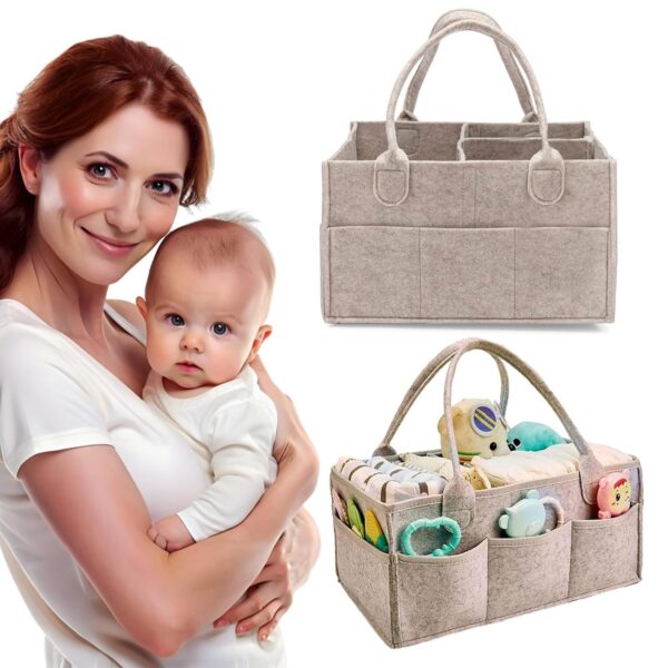 Organizador Produtos para Bebé em Feltro com 3 Compartimentos e 8 Bolsos - Cinza