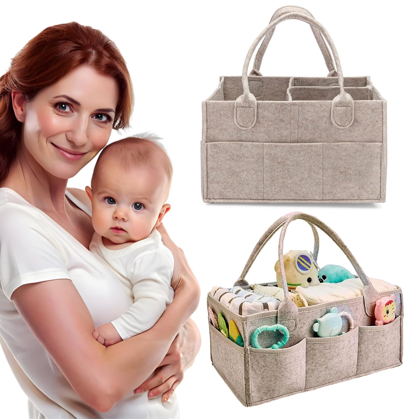 Organizador Produtos para Bebé em Feltro com 3 Compartimentos e 8 Bolsos - Cinza