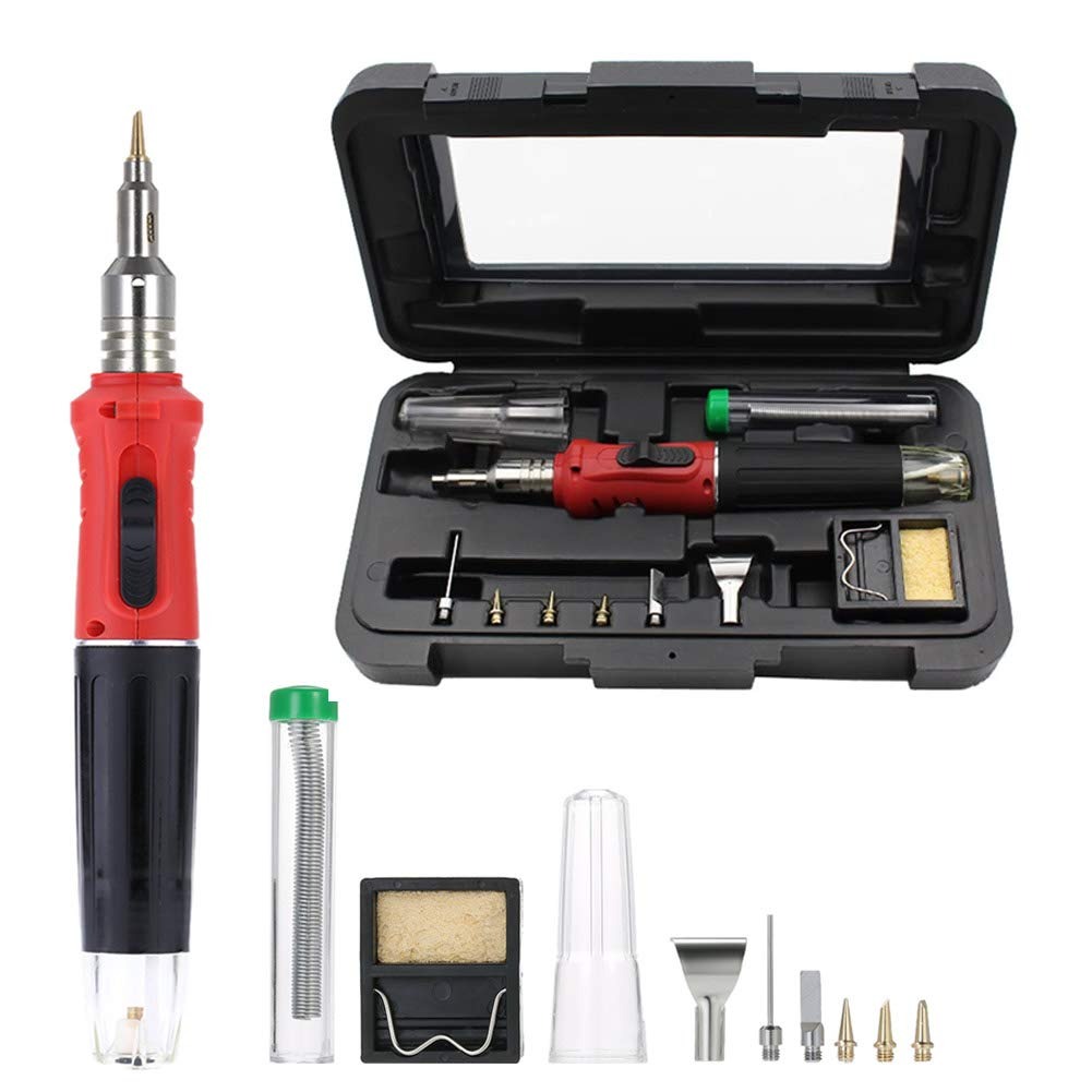 Maçarico de Soldar a Gás Butano Kit 10 Peças 6 Pontas e Ignição - Vermelho