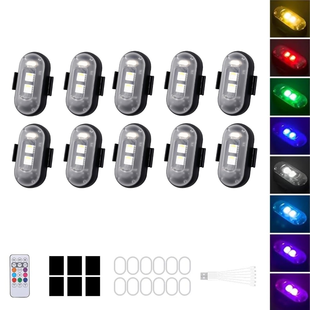 (x10) Luz Estroboscópica de Aviso para Bicicleta Drone Camião etc LED RGB 8 Cores com Comando