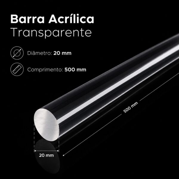 (20x500mm) Barra de Acrílico Transparente Redonda Sólida