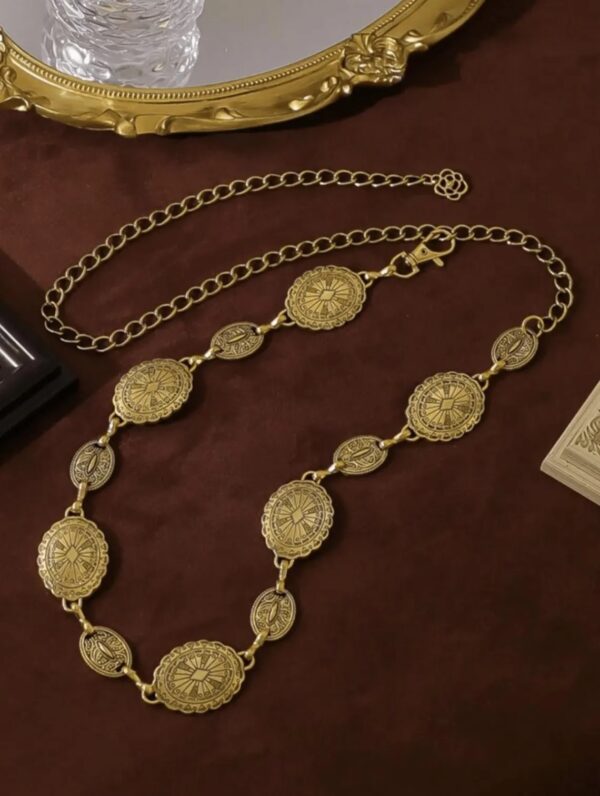 Cinto de Corrente Ajustável com Moedas Vintage Boho Dourado 120 cm