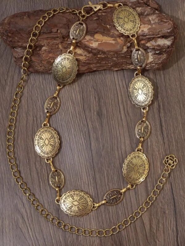 Cinto de Corrente Ajustável com Moedas Vintage Boho Dourado 120 cm
