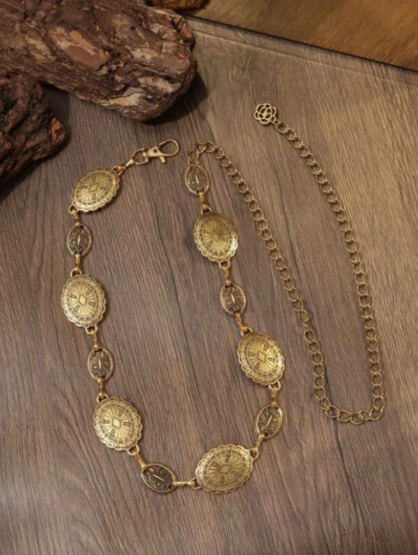 Cinto de Corrente Ajustável com Moedas Vintage Boho Dourado 120 cm