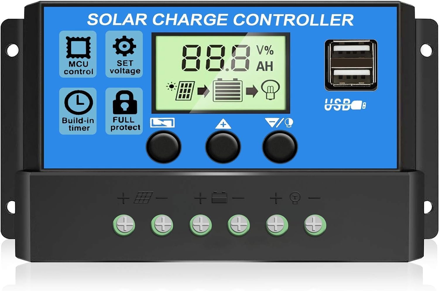 Controlador de Carga Solar PWM 30A 12V/24V Ecrã LCD Portas USB Duplas