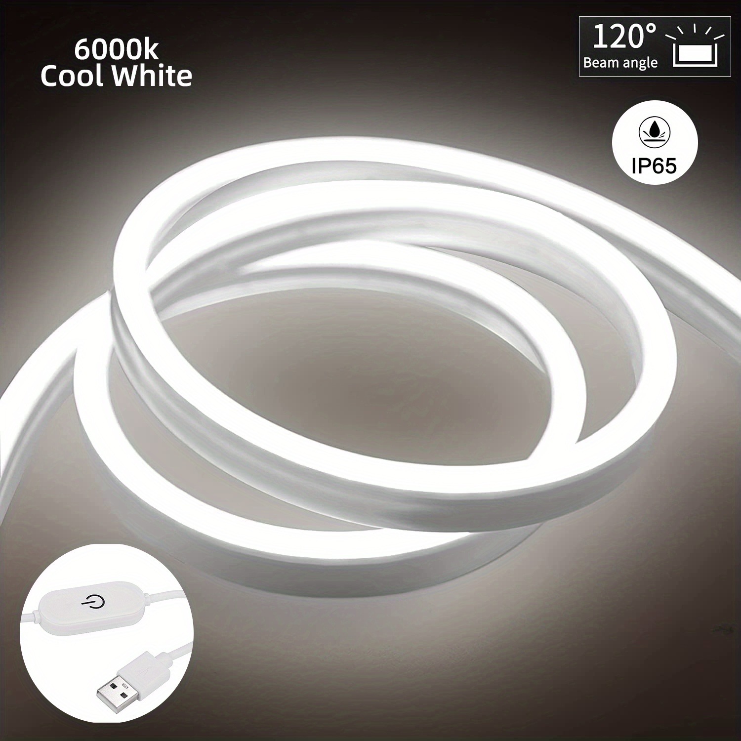 (5m) Fita LED Neon USB Regulável com Sensor de Toque 6500K Branco Frio - Branco