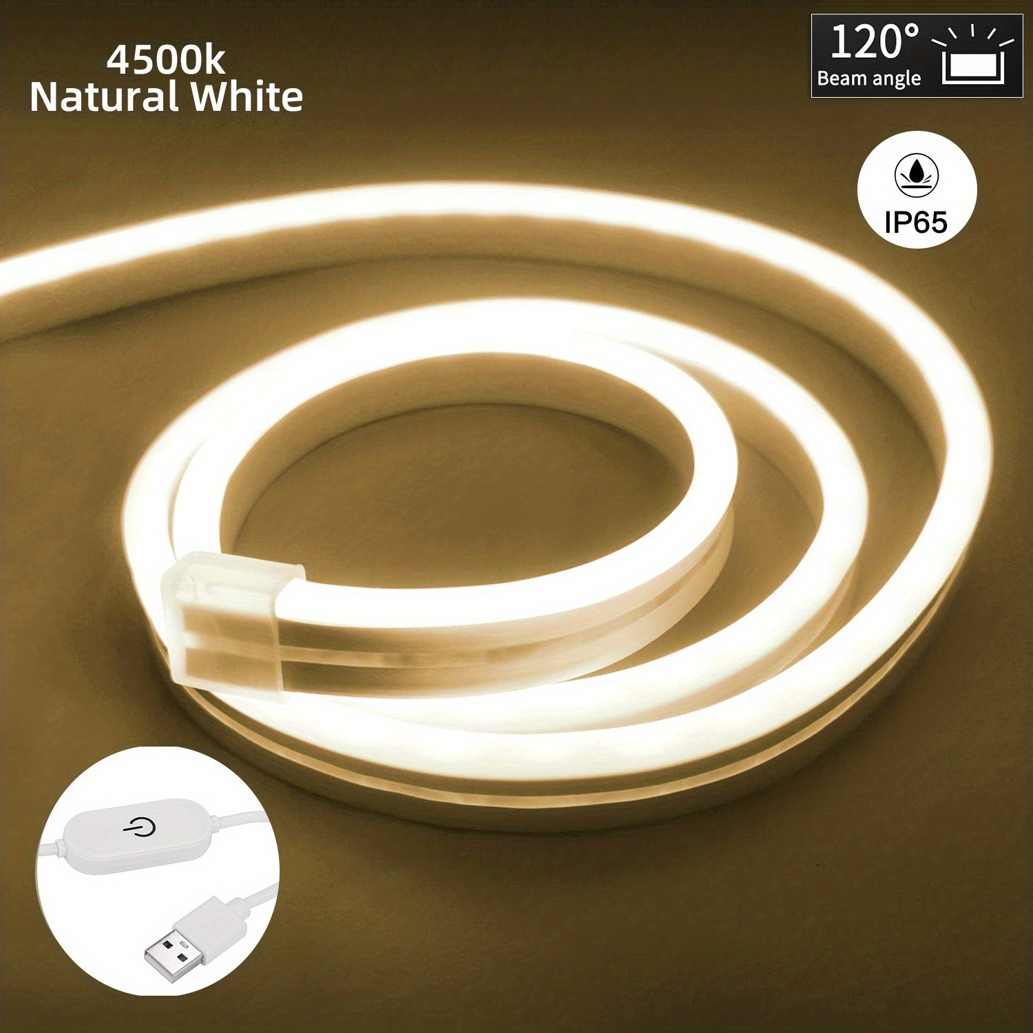 (5m) Fita LED Neon USB Regulável com Sensor de Toque 4500K Branco Natural