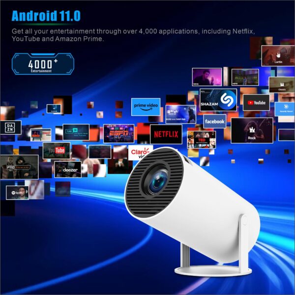 Mini Projetor 4K WiFi 6 Android 11 Rotação 180° Keystone Automático - Branco