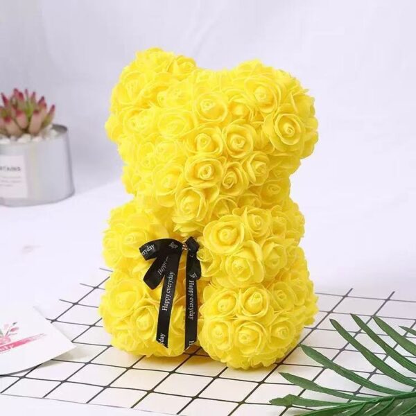 Urso de Rosas Artificiais com Caixa de Oferta Romântico Flor de Espuma 25cm - Amarelo