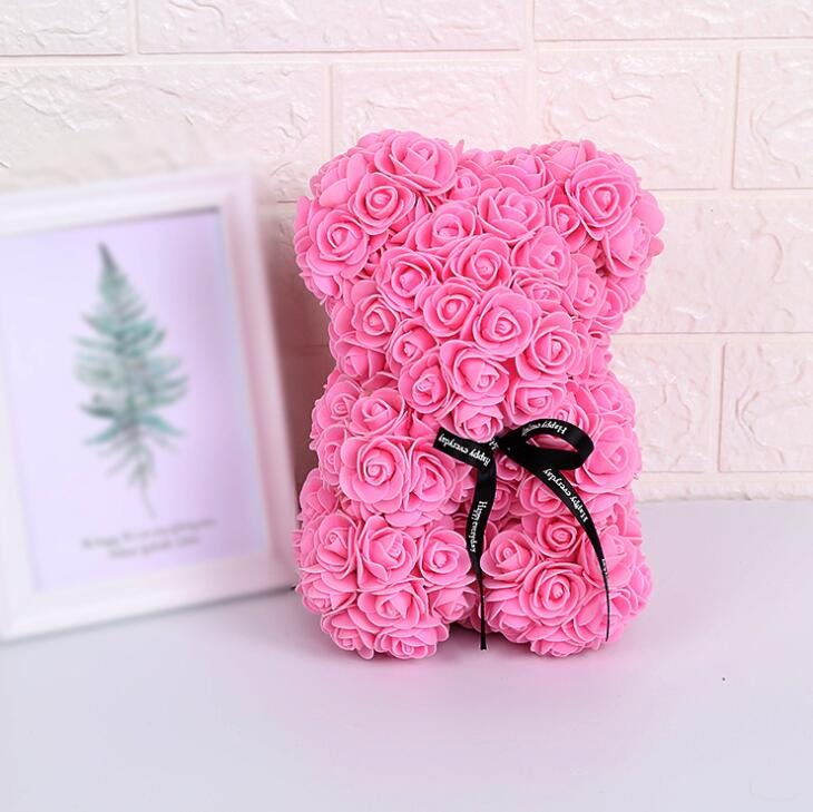 Urso de Rosas Artificiais com Caixa de Oferta Romântico Flor de Espuma 25cm - Rosa
