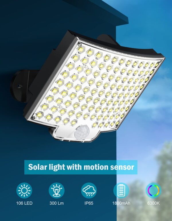 (2,4m) Candeeiro Solar 106 LED com Detetor de Movimento e Painel Exterior MPJ - Preto