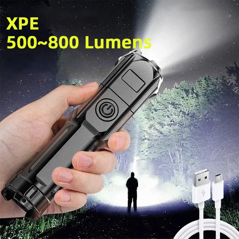 Lanterna LED Recarregável USB Zoom Telescópico Longo Alcance - Preto