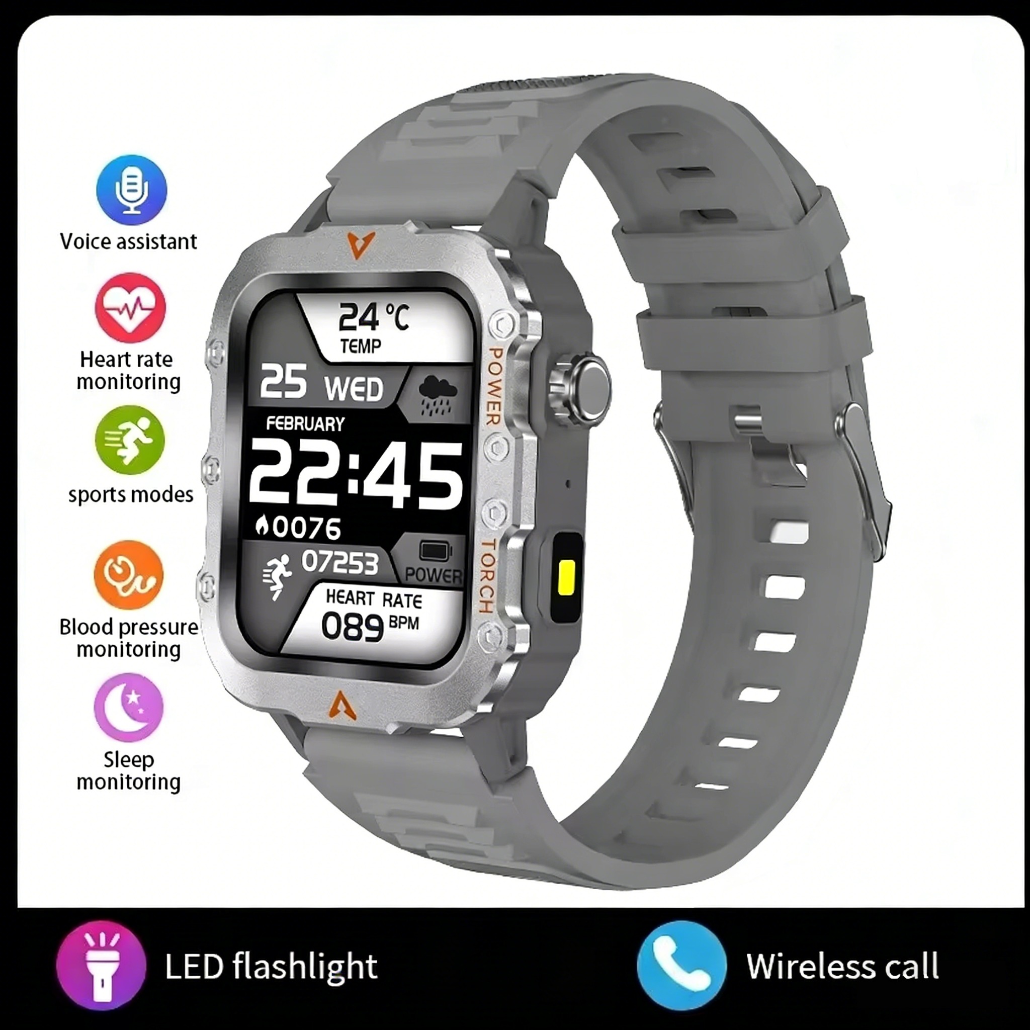 Smartwatch LAXASFIT 2026 Ecrã HD 1.71" Chamada Bluetooth Lanterna LED - Cinza